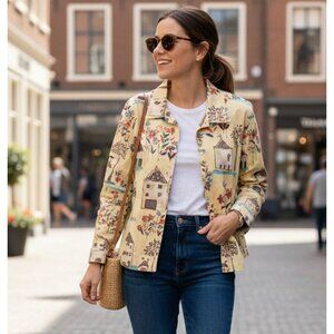 Chico's Design Denim Jacket Whimsical Floral House Print Size M/L